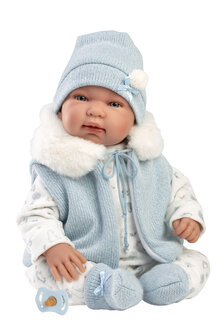 Llorens pop TINO rn 44 cm Blauwe romper met coupuchon.