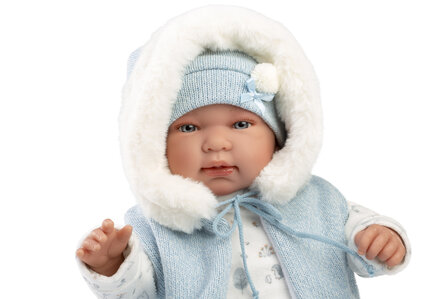Llorens pop TINO rn 44 cm Blauwe romper met coupuchon.