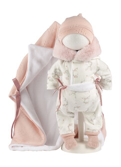 kledingset Llorens 44cm wit pake + roze mutsje.