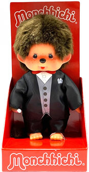 Monchhichi bruidegom knuffel in smoking met rode strik 20 cm