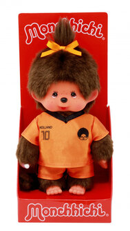 Monchhichi knuffel meisje in Holland voetbaltenue oranje 20cm