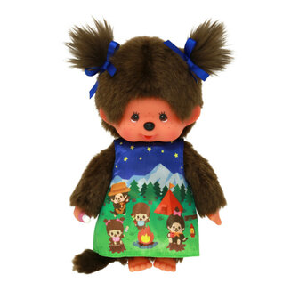 Monchhichi knuffel meisje camping 20 cm met blauw jurkje