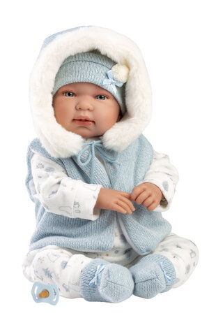 Llorens pop TINO rn 44 cm Blauwe romper met coupuchon.