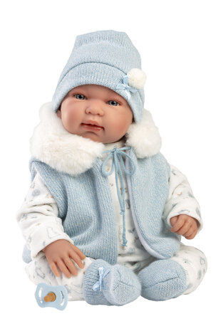 Llorens pop TINO rn 44 cm Blauwe romper met coupuchon.