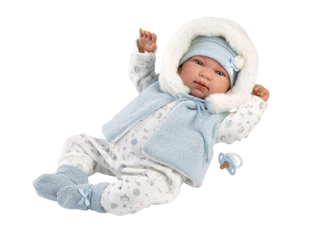 Llorens pop TINO rn 44 cm Blauwe romper met coupuchon.
