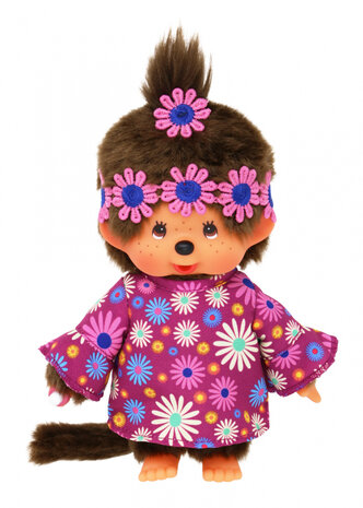 Monchhichi meisje met flower power jurk en haarband 20 cm