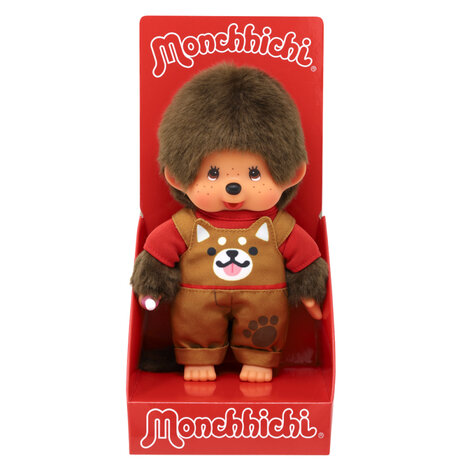 Monchhichi jongen 20cm met hondentuinbroek en rood shirt