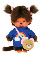Monchhichi knuffel meisje met regenboog shirt en tasje 20 cm
