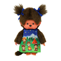 Monchhichi knuffel meisje camping 20 cm met blauw jurkje